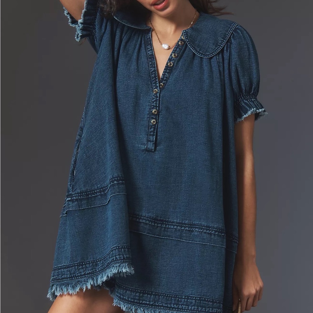 Anthropologie Pilcro Findley Puff- sleeve Collared Mini Dress Denim Medium